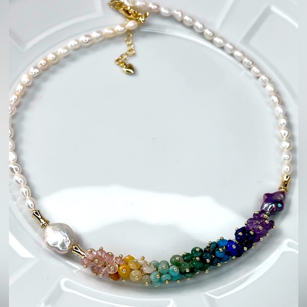 Handmade Freshwater Clover ☘️ Diamond Unicorn 🦄 Pearl Multi Gemstone 💎 Necklace